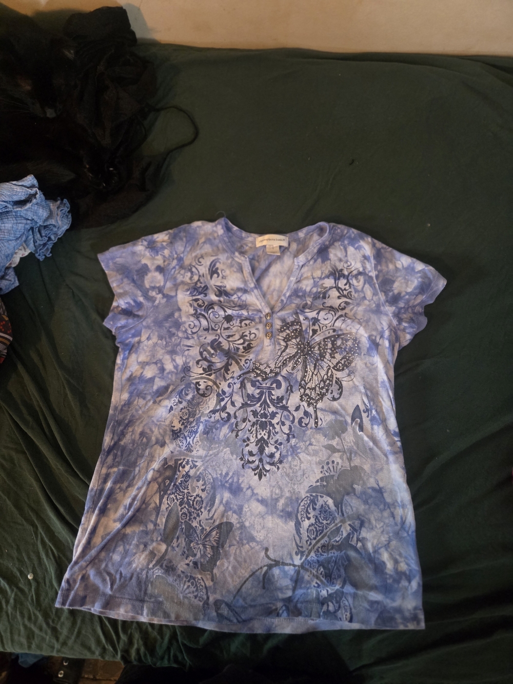 Christopher & Banks Blue Tie-Dye Butterfly V-Neck Short Sleeve Top